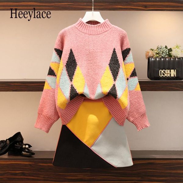 

two piece dress good quality 2021 autumn winter women plus size set geometric knitted sweater +skirt mini plaid casual 2, White