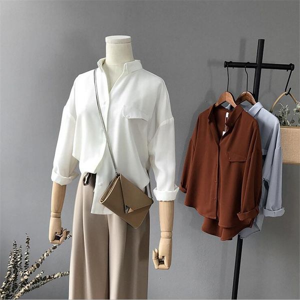 

casual chiffon white women blouse shirt oversized three quarter sleeve loose shirt office wear casua blusas 210419