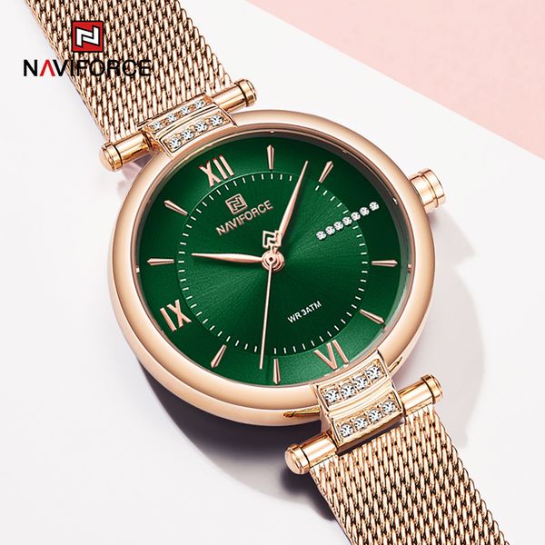 

naviforce luxury brand diamond watches for women fashion roman scale green lady quartz wristwatch waterproof steel band braceletg, Slivery;brown