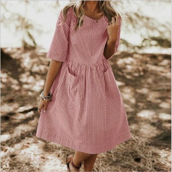 

casual dresses women summer elegant o neck half sleeve pockets loose party vestido baggy work striped dress, Black;gray