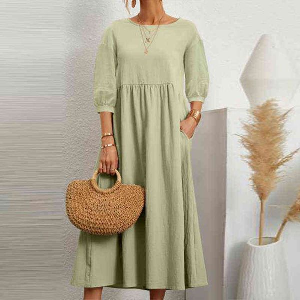 

autumn casual pocket lantern sleeve long dress women elegant o neck a-line dress new loose cotton linen solid color party dress y1204, Black;gray
