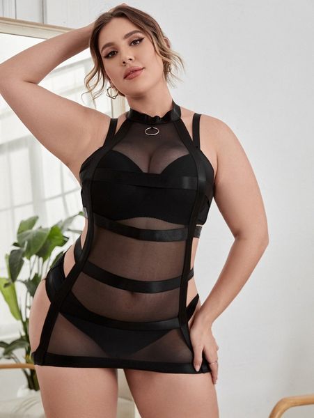 

plus sheer mesh dress with thong r4sh#, Black;white