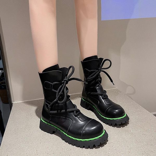 

boots black platform ankle women shoes round toe short korean style lace up chunky botines mujer 2021