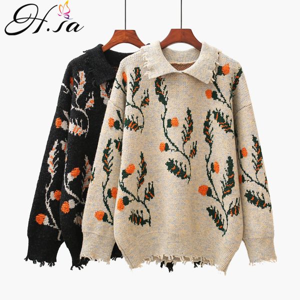 

h.sa women arrivals floral embroidery retro pull sweaters turn down collar college style casual loose sweater jumpers 210417, White;black