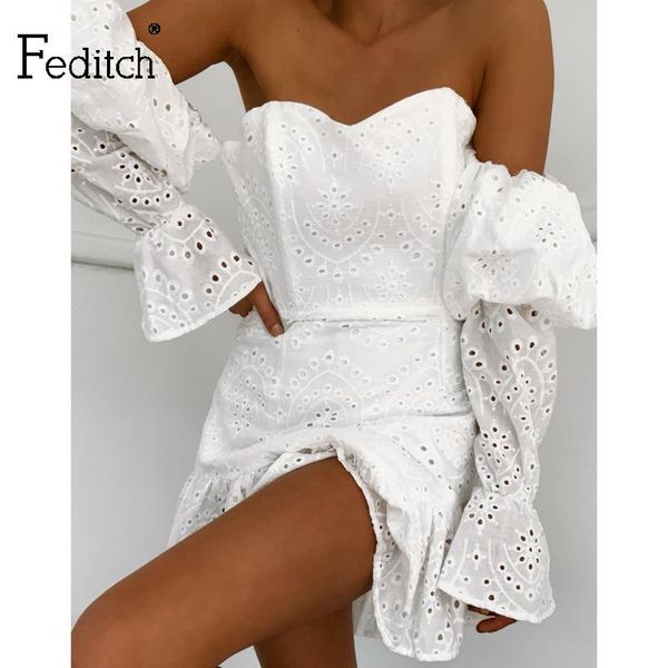 

casual dresses feditch ruffles white lace women a-line long sleeves off shoulder backless zippers mini vestidos elegant fashion robes, Black;gray