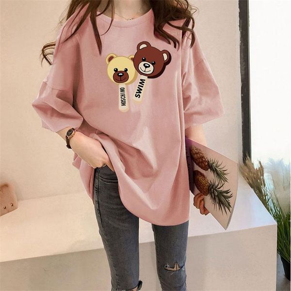 

women's t-shirt -selling cartoon cute bear short-sleeved summer college lazy printing mid-length oversized girl, White