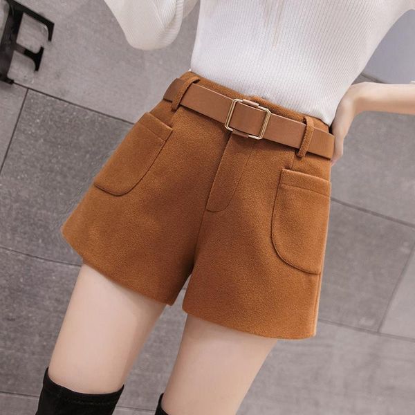 

women's shorts autumn winter fashion woolen women casual loose wide leg female high waist solid color with belt g88, White;black