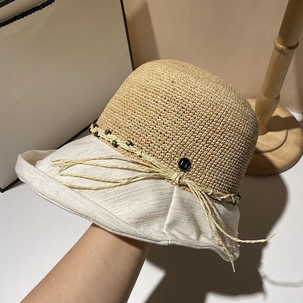 

wide brim hats 202106-xinghui grace raffia grass patchwork cloth sunshade leisure lady bucket cap women fishermen hat, Blue;gray