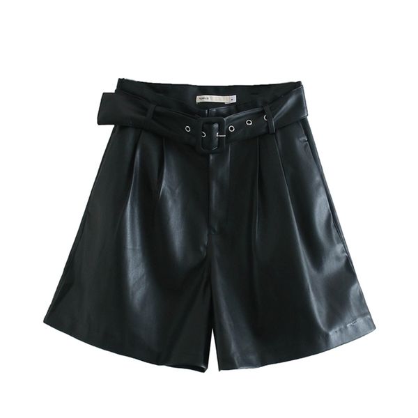 

winter women orange color pu bermuda shorts faux leather belted 210621, White;black