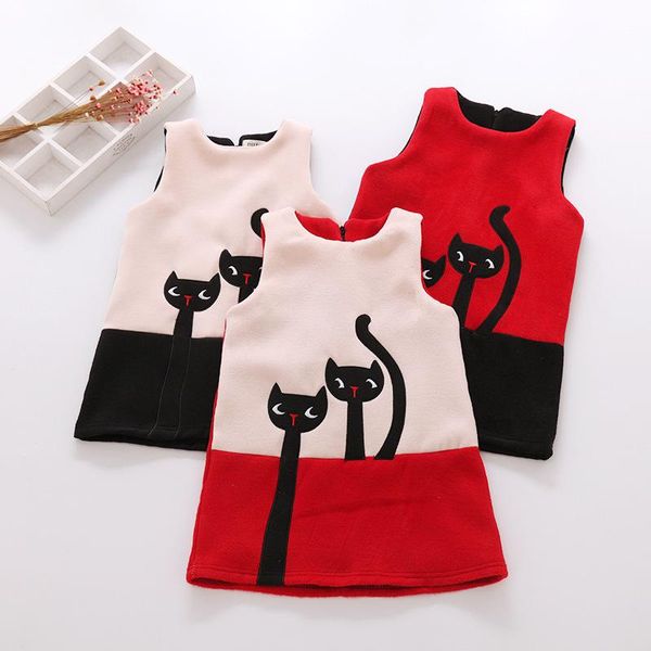 

girl's dresses brand girl dress autumn winter kids for girls toddler cotton cartoon cat sleeveless vest party warm, Red;yellow