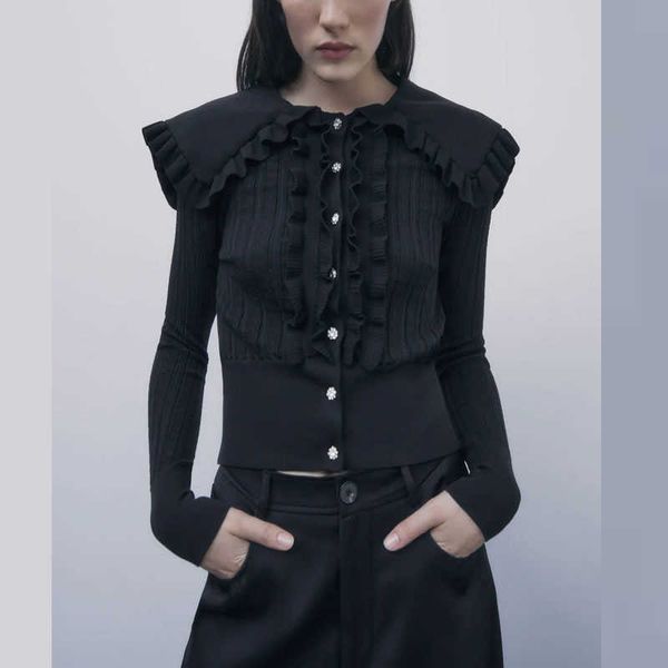 

za pointelle knit cardigan sweater women ruffle long sleeve jewel button knitted female chic vintage black cardigans 210602, White;black