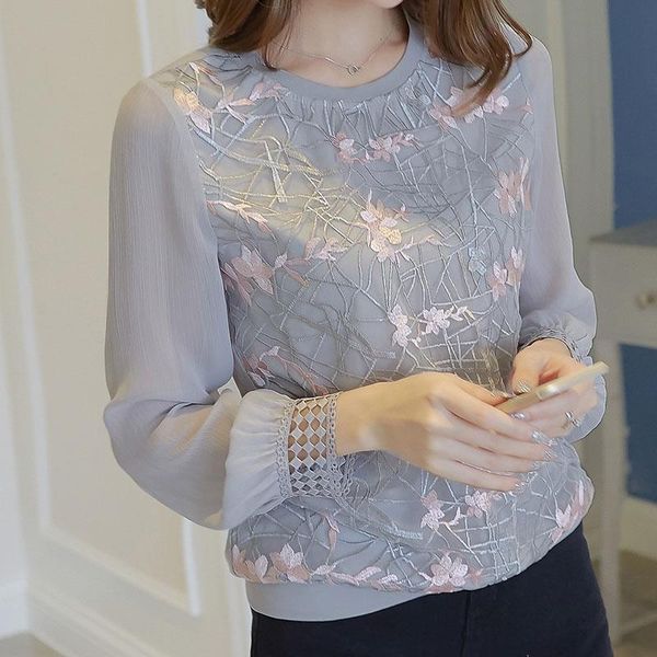 

women shirt long sleeve floral embroidery o neck lace chiffon blouses blusa ladies casual df2289, White