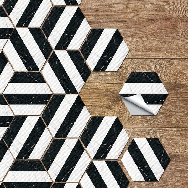 

wallpapers floor stickers black white hexagon ground tile anti-slip self-adhesive waterproof wall sticker for bathroom kitchen