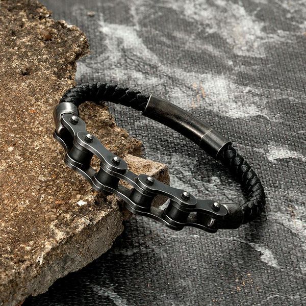 

vintage braided genuine leather men stainless steel bracelet motorcycle bike chain wristband punk male wholesale bangle jewelry charm bracel, Golden;silver
