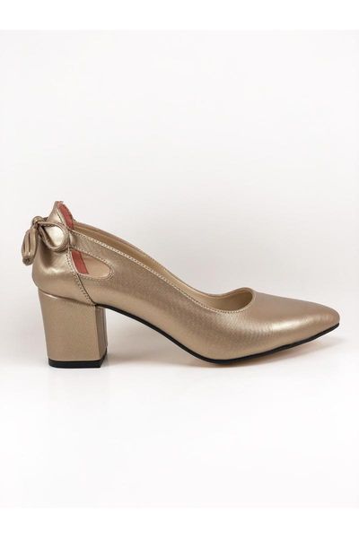 

women's gold bow 5cm thick heels stiletto dress shoes, Black