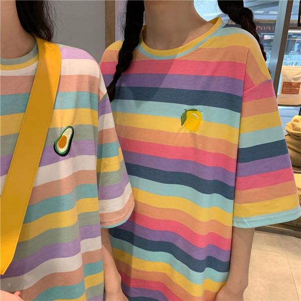 

women's t-shirt 2021 summer kawaii short-sleeved friend sisters rainbow stripes harajuku, White
