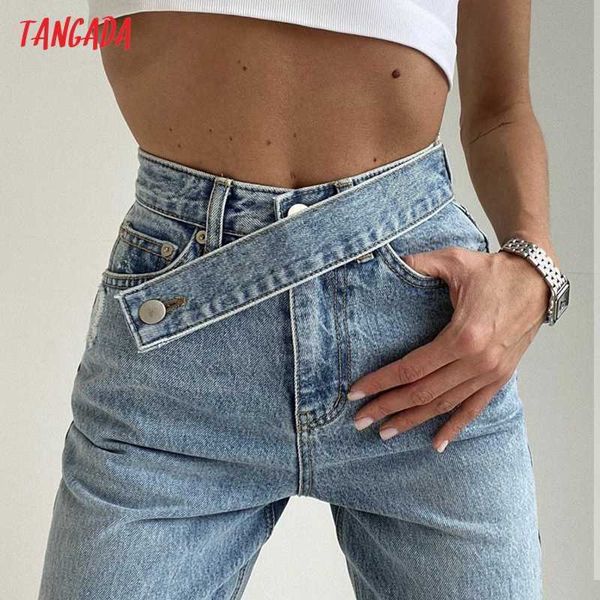 

tangada fashion women long jeans pants trousers with belt pockets buttons female denim pants pp05 210609, Blue