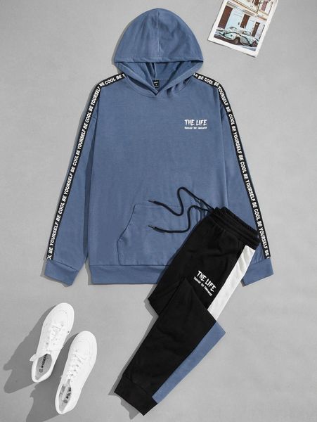 

men slogan graphic contrast tape hoodie & drawstring waist sweatpants m8do#, Gray