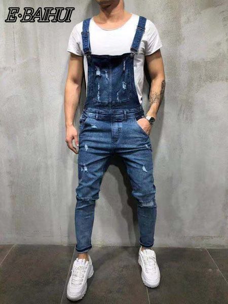 

men's jeans ripped jumpsuit men fashion streetwear hole denim overalls autumn male casual pockets vintage lf828 eg8f, Blue