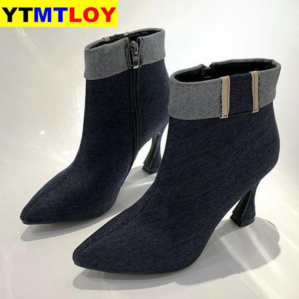 

boots winter women pumps ankle platform fashion pointed toe zipper high heels party snow botas shoes turned-over, Black