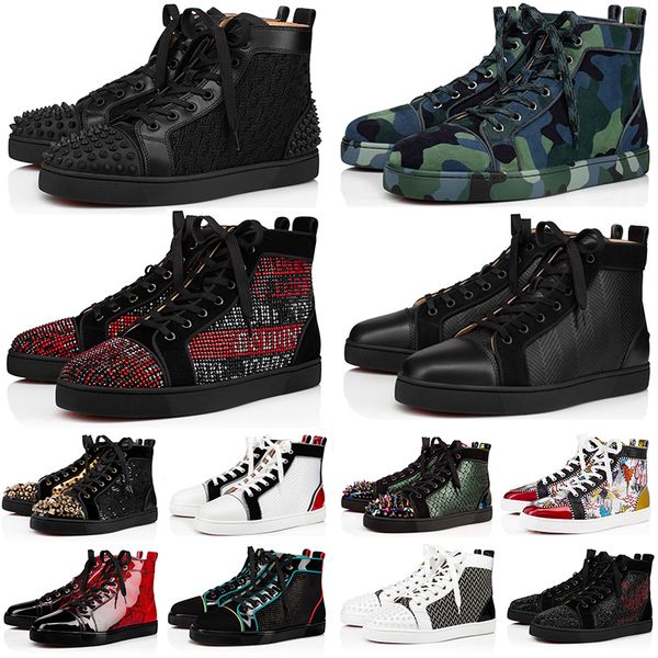 

designer red bottoms shoe men women casual shoes fashion high black white camo green glitter grey pink leather suede mens spikes sneakers wi