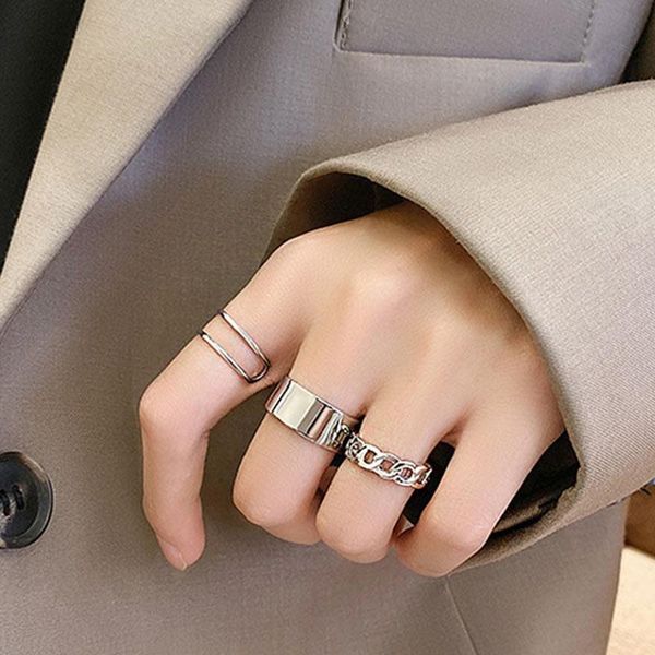 

hiphop rock hollow metal geometric rings set gold silver color opening index finger for women jewelry wedding party gift, Slivery;golden