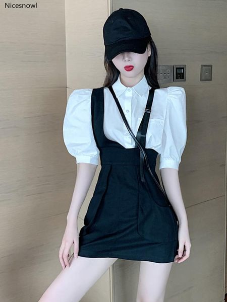 

hong kong style fashion suit summer bubble short-sleeved shirt strap skirt women's short-height two-piece suits & blazers, White;black