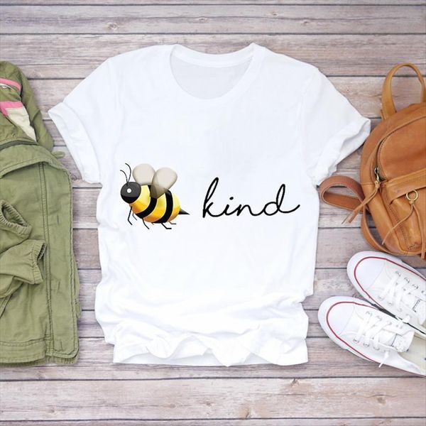 

bee cartoon letter cute women clothing trend 90s short sleeve print lady womens graphic female tee, White