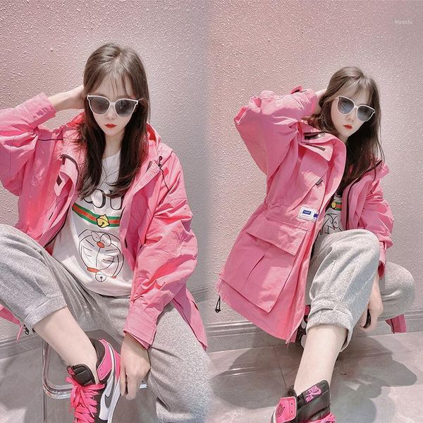 

women's trench coats women candy color high waist zipper hooded windbreaker mid-length coat female casual loose, Tan;black