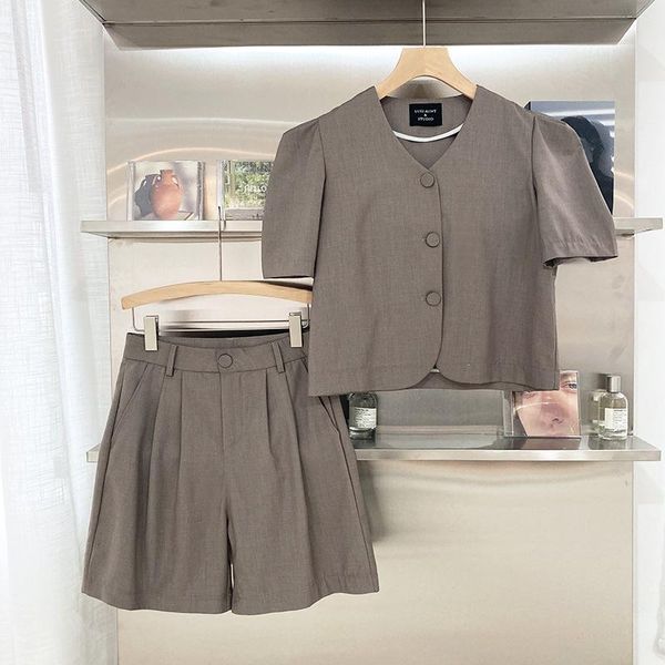 

women's tracksuits summer two 2 piece sets womens outfits thin bubble sleeve short blazer jacket + shorts fashion set, Gray