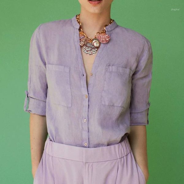 

women's blouses & shirts unizera2021 summer fashion trend product pull sleeve double pocket long v-neck cotton linen shirt women's, White