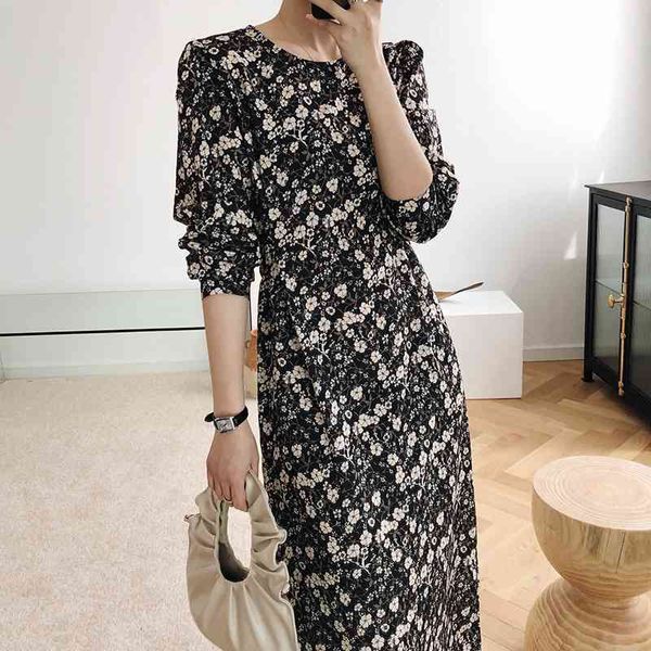 

casual dresses fashion women spring flower print maxi vestidos vintage long sleeve o-neck floral l5vr, Black;gray