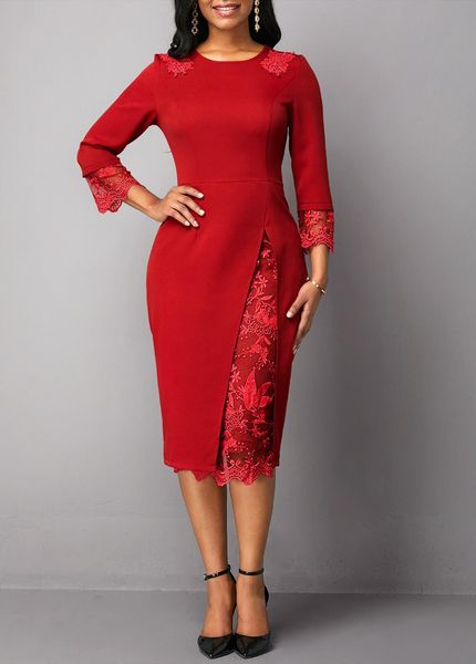 

autumn red solid color womens dresses s 5xl elegant lace stitching slim dress vintage office work vestidos, Black;gray