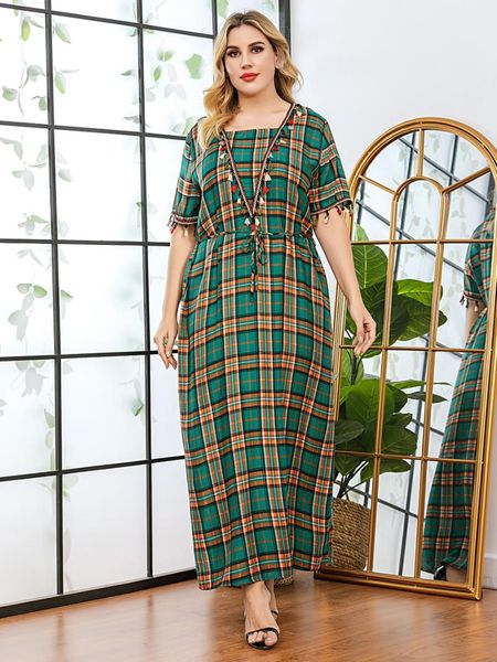 

ethnic clothing summer muslim women dress o neck print plaid lace-up moroccan kaftan loose plus size abayas djellaba jubah vestidos 2021 rob, Red