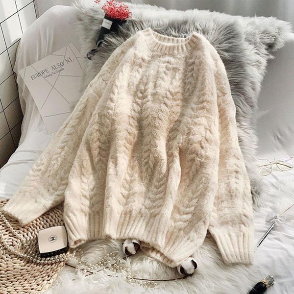 

autumn winter women solid knitted sweaters female fashion loose warm thick long sleeve causal korean pullovers w548 women's, White;black