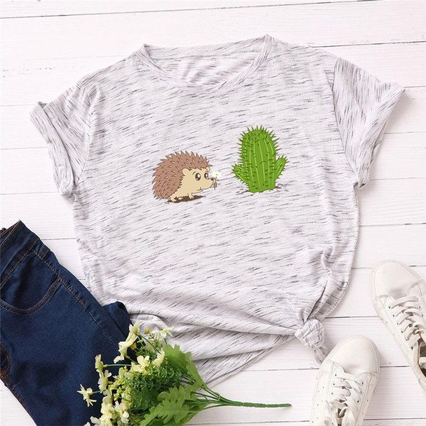 

female plus size good-quality summer t shirt women t-shirt cute hedgehog cartoon printed casual women's, White