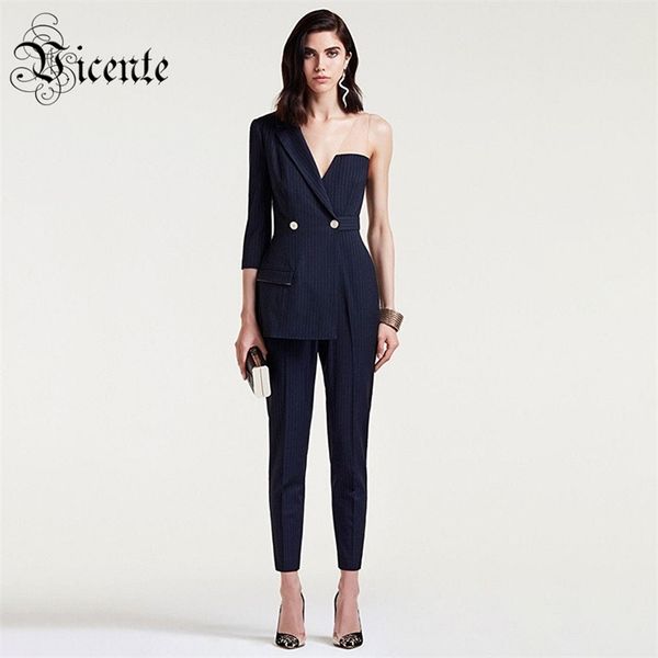 

chic one shoulder design mesh splicing celebrity party club casual women striped jumpsuit 210520, Black;white