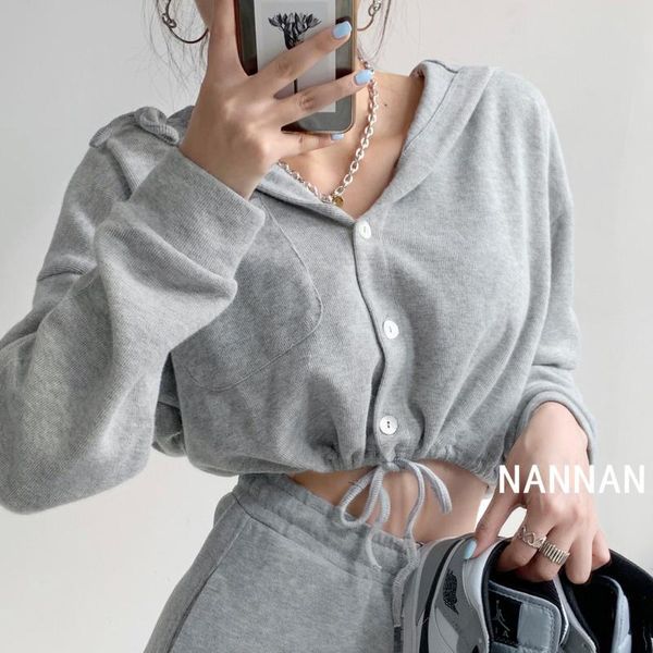 

europe languid grey hooded button sweatshirt women's short drawstring waist knit coat autumn loose long sleeve 8e0w hoodies & sweatshir, Black