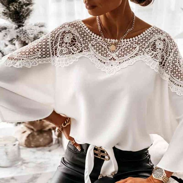 

women lace patchwork batwing sleeve blouses spring summer o-neck hollow out bandage loose white leisure wear shirts 210416