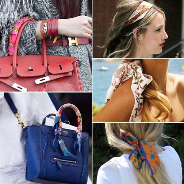 

scarves pinksee fashion printing variety handle bag ribbon strap square tie satin silk neck scarf elegant women neckerchief, Blue;gray