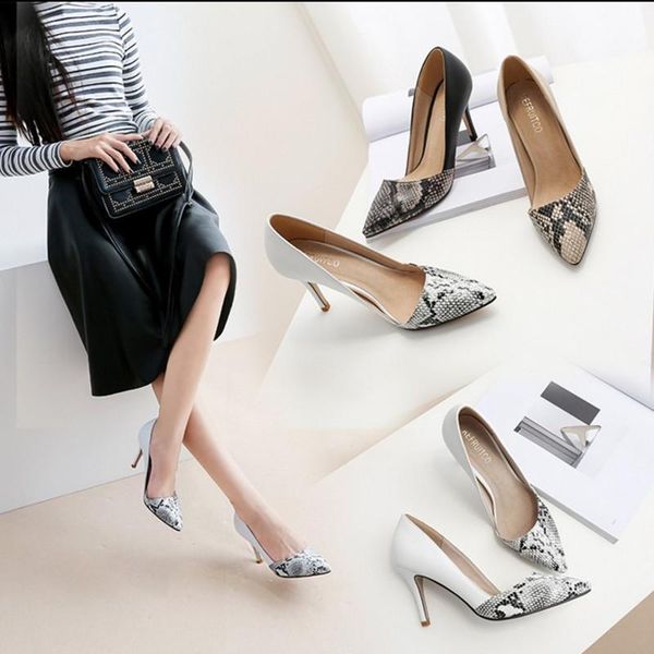 

dress shoes serpentine pointed toe pumps women slip on shallow single woman snaker pattern stiletto high heels party, Black