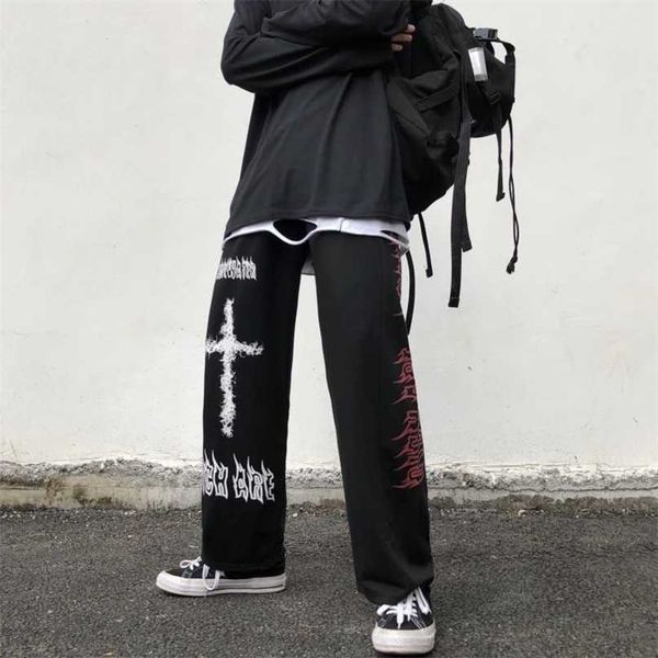 

qweek punk hippie wide leg pant gothic harajuku streetwear anime street style mall goth black print trousers hip hop 211007, Black;white