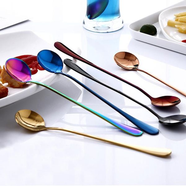 

spoons 7 color colorful stainless steel spoon long handle flatware ice coffee tea drinking tools kitchen gadget