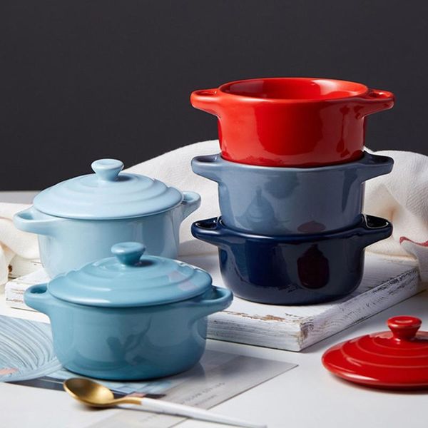 

ceramic color glazed double ear bowl with lid stew breskfast steamed egg pudding baking kitchen supply bowls