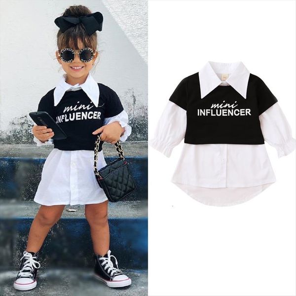 

autumn 12m 5y kids baby girls 2pcs set long sleeve lapel collar shirt black letter print t spring, White