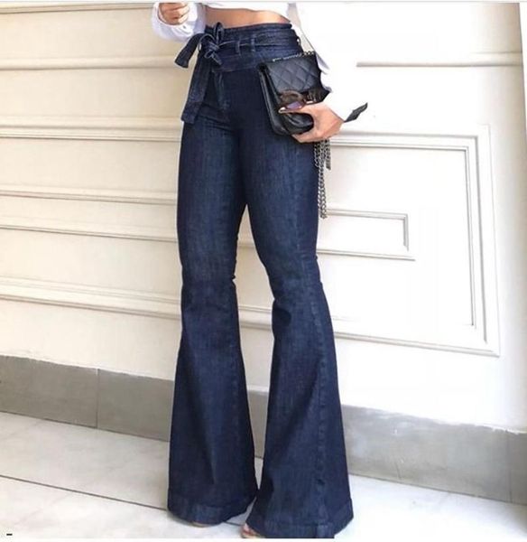 

women's jeans ladies high waist skinny bell bottom women denim tie flare boyfriend pants autumn wide leg mom, Blue