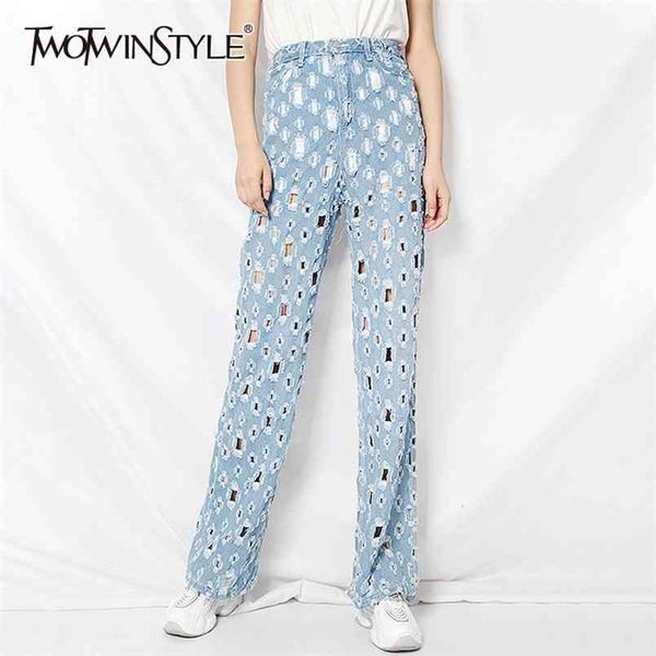 

casual patchwork tassel hole jeans for women high waist hollow out loose streetwear denim trouser female fashion 210521, Blue