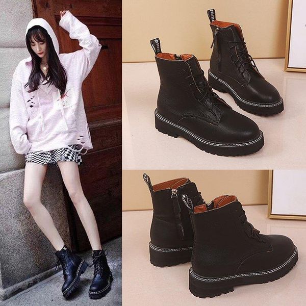 

boots 2021 genuine leather women shoes thick sole lace up autumn winter short ankle for motorcycle, Black