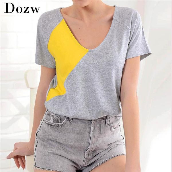 

women's t-shirt women summer t shirts fashion harajuku patchwork ladies v neck short sleeve casual loose tunic tee shirt femme, White