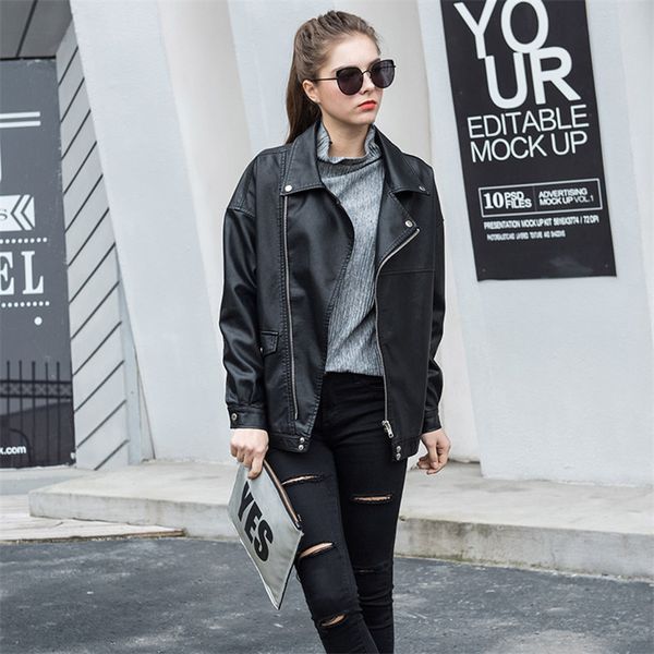 

aelegantmis faux leather women loose coat casual cool moto biker jacket spring autumn outerwear plus size 201119, Black